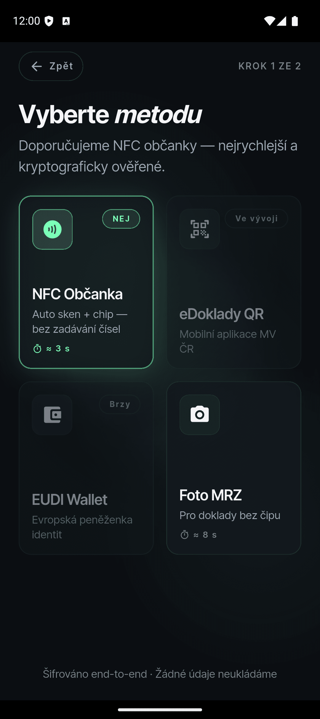 AgeVerify — obrazovka Výběr metody