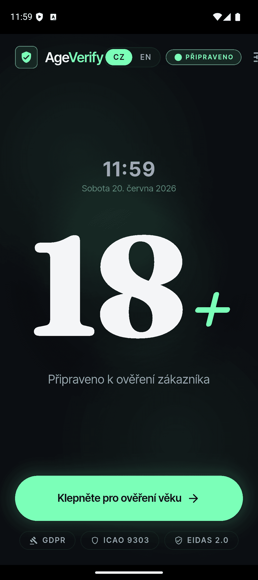 AgeVerify — obrazovka Připraveno
