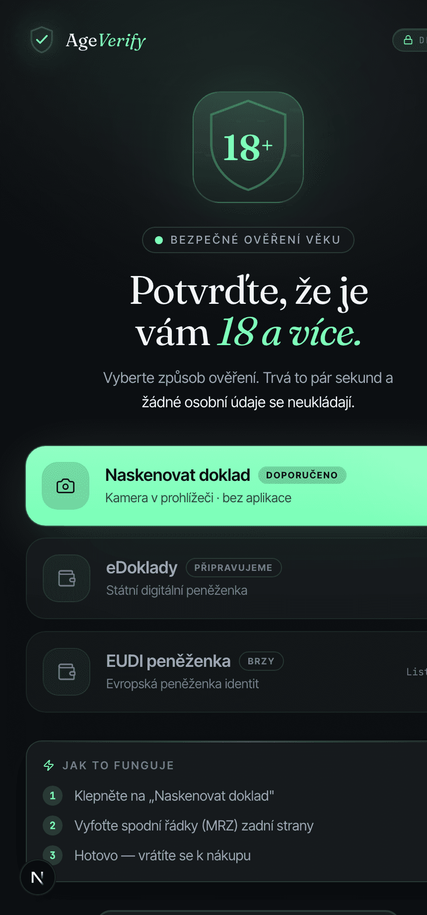 AgeVerify — ověření věku v prohlížeči na mobilu zákazníka